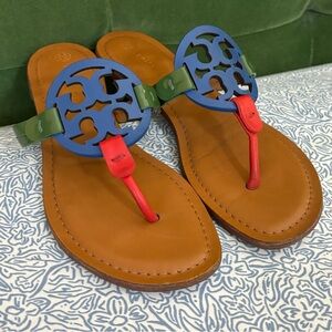 Tory Burch Miller Sandals Tri-Color Red/Green/Blue Duchess Size 8 Retail $225
